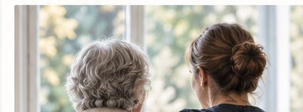 A caregiver and an older woman looking out a window together