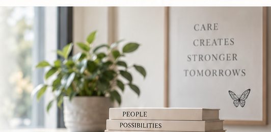 A stack of books and a plant on a desk, with 'Care Creates Stronger Tomorrows' on the wall behind